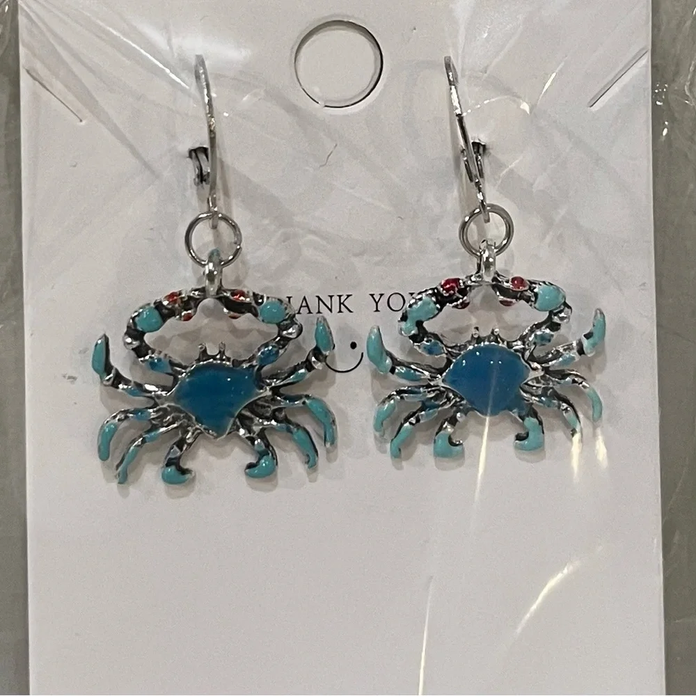 Crab Dangle Earrings Turquoise Enamel Silver Tone Coastal Beach Jewelry